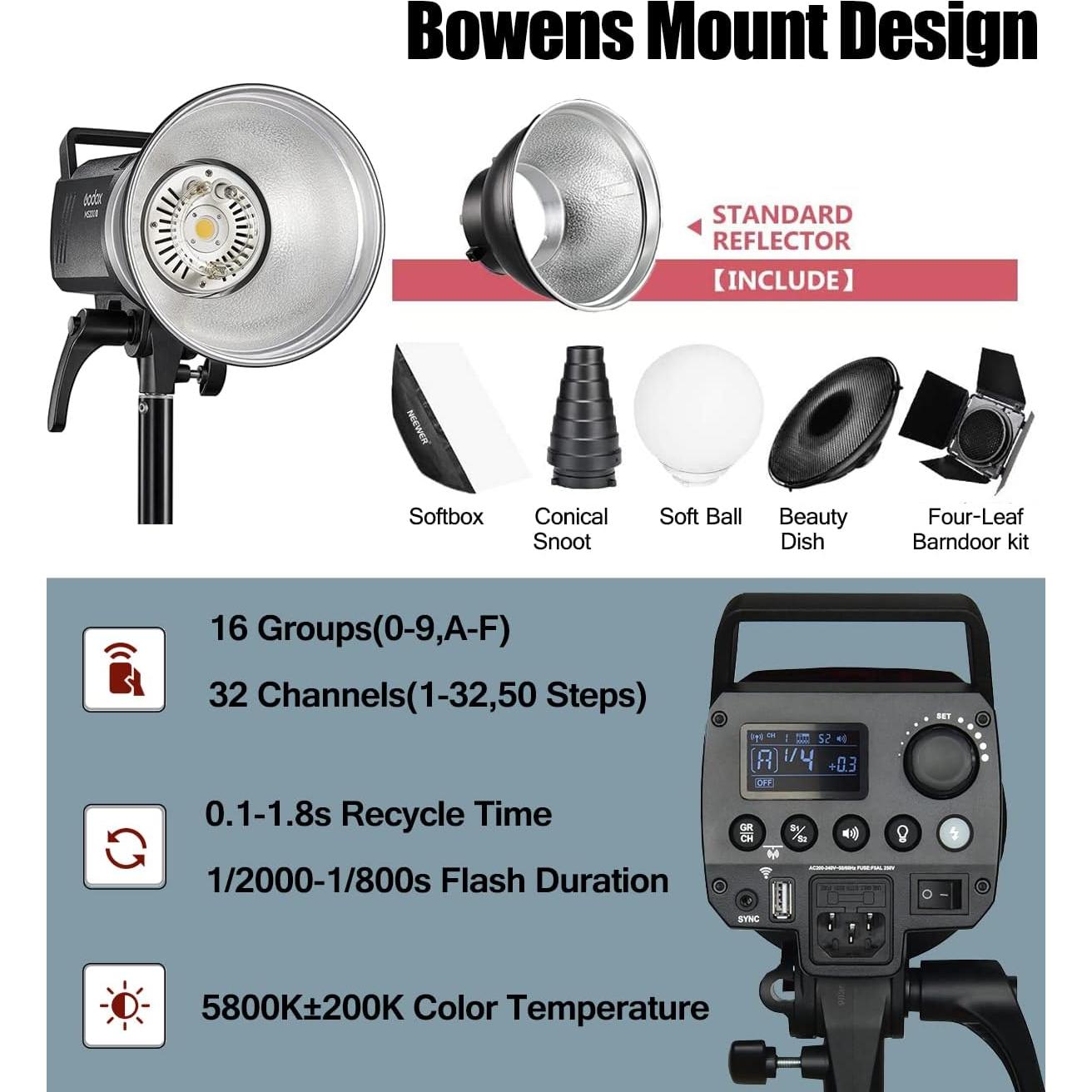 Kit de Luz de Flash Estroboscópica Godox MS300V 600W con Accesorios