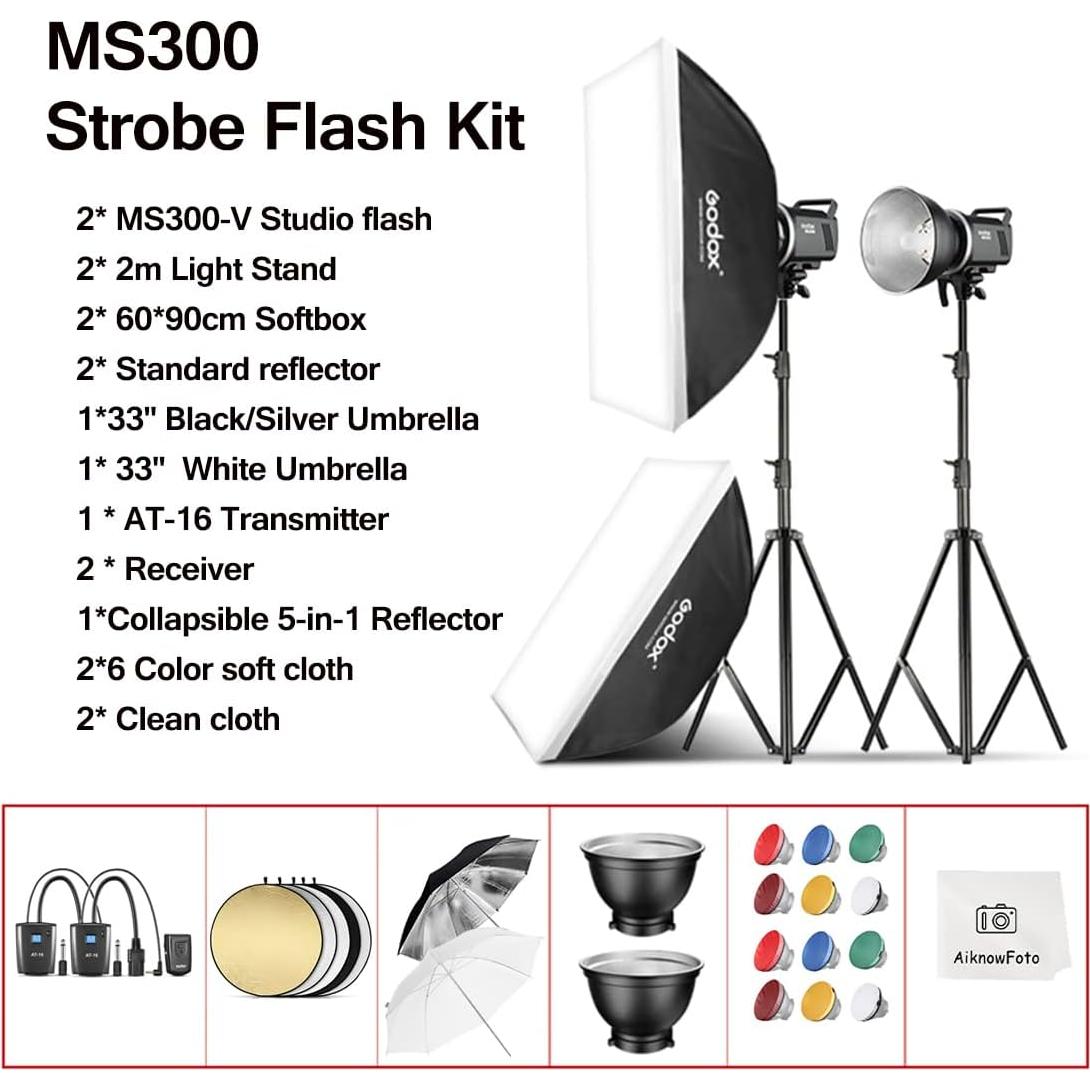 Kit de Luz de Flash Estroboscópica Godox MS300V 600W con Accesorios