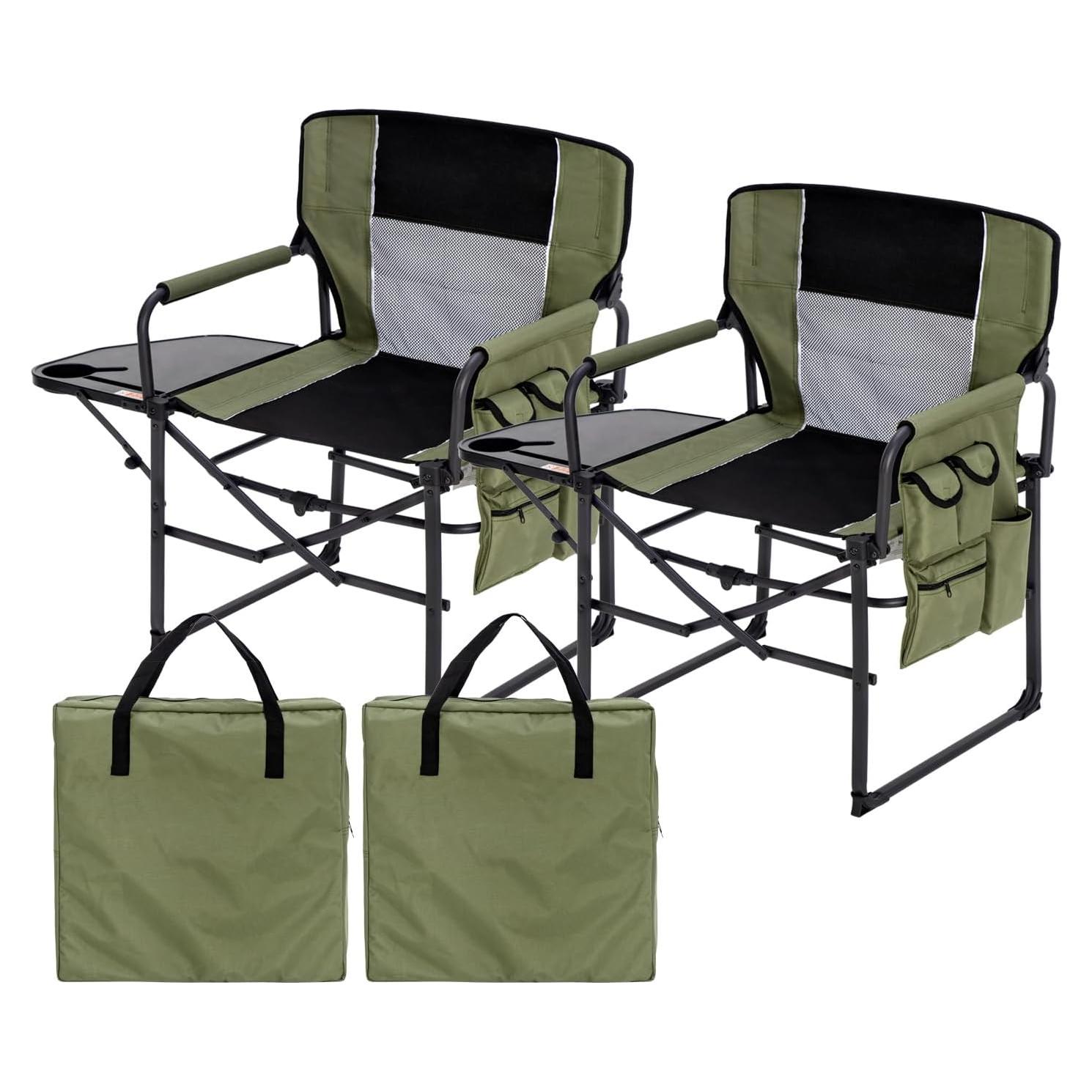 Wide Folding Director Chair with Table, Outdoor Camping Chair for Adults with Cup Holder Load 330 Lbs, Portable Lightweight Chair for Outside with Carry Bag for Patio, Green-2Pack