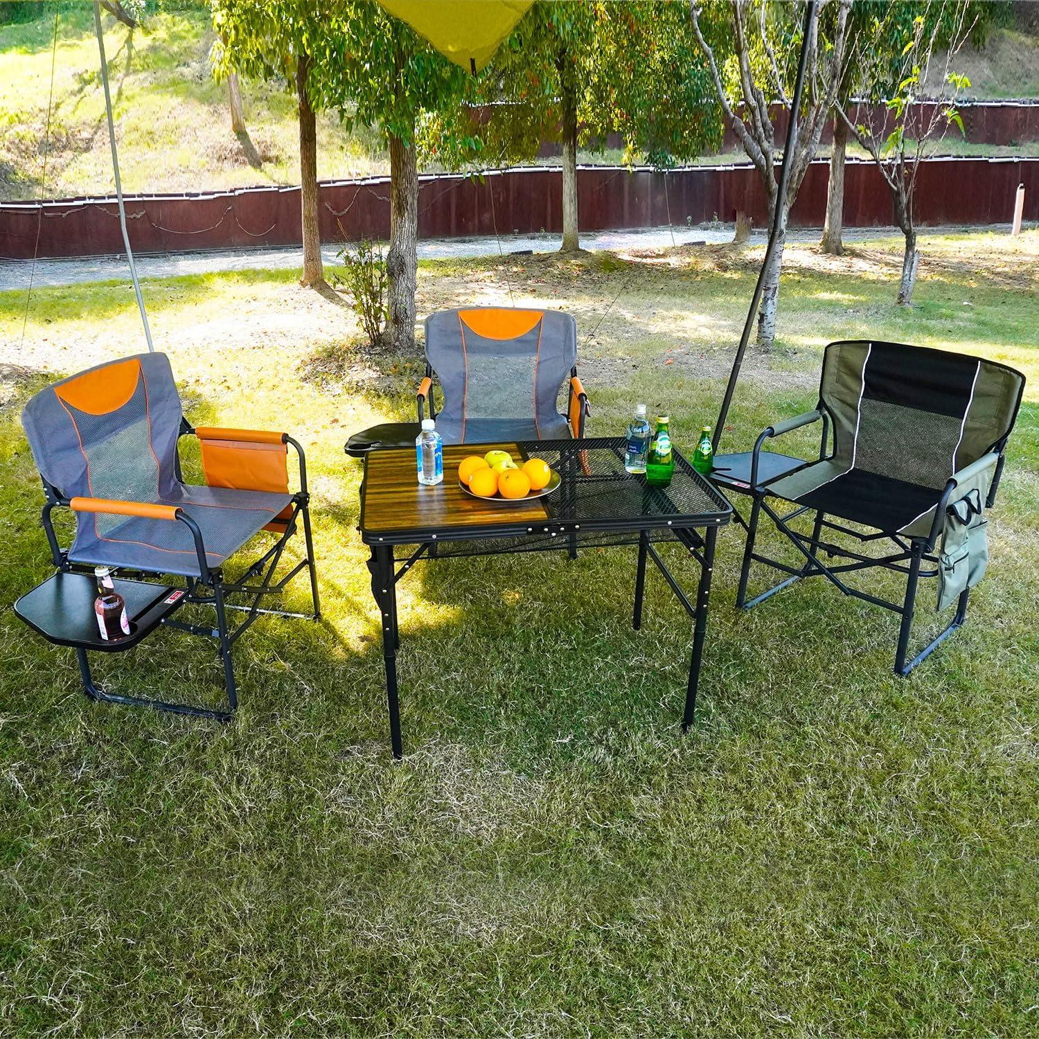 Wide Folding Director Chair with Table, Outdoor Camping Chair for Adults with Cup Holder Load 330 Lbs, Portable Lightweight Chair for Outside with Carry Bag for Patio, Green-2Pack