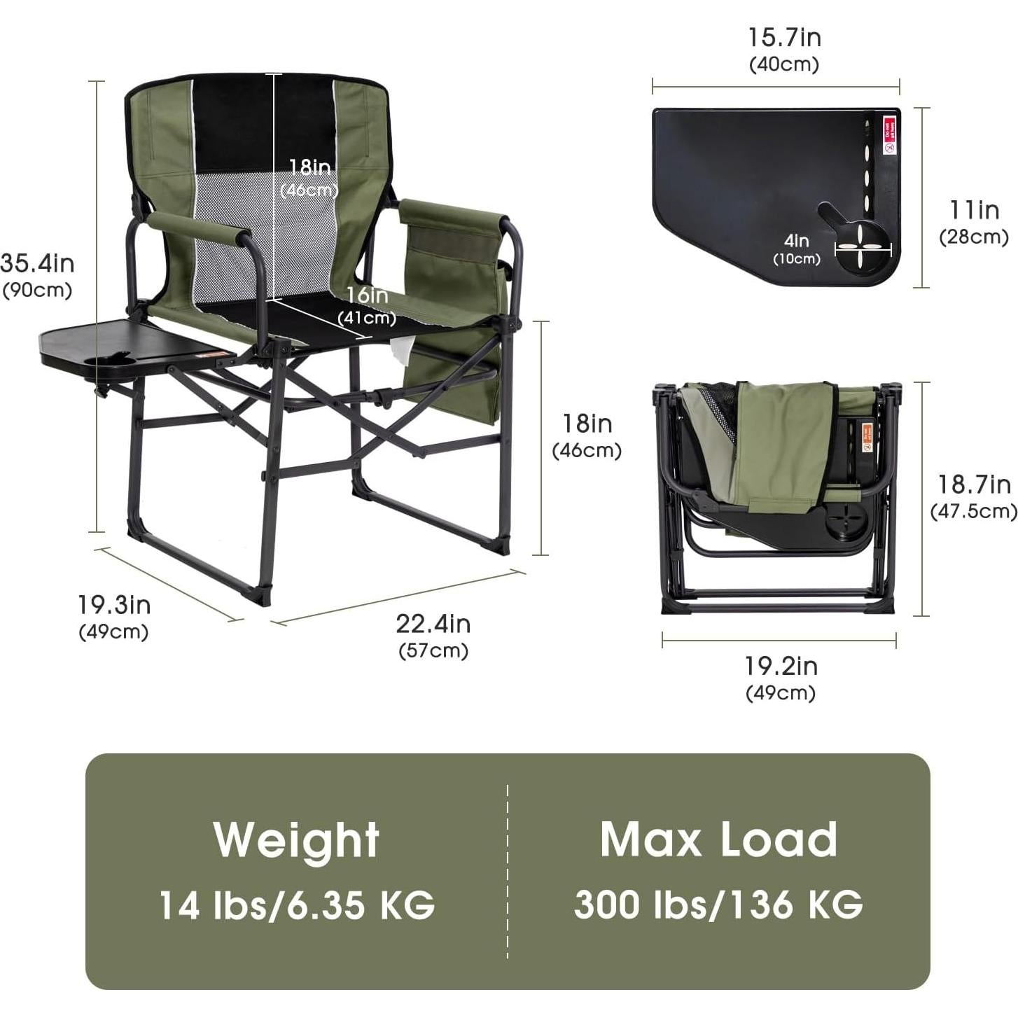 Wide Folding Director Chair with Table, Outdoor Camping Chair for Adults with Cup Holder Load 330 Lbs, Portable Lightweight Chair for Outside with Carry Bag for Patio, Green-2Pack