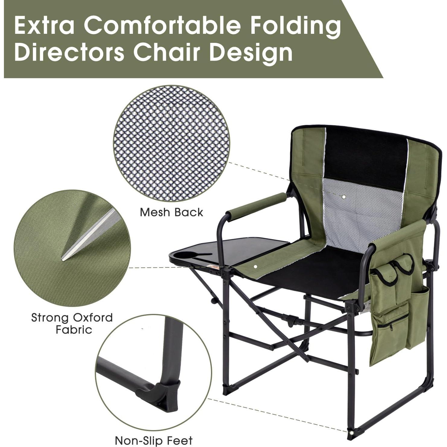 Wide Folding Director Chair with Table, Outdoor Camping Chair for Adults with Cup Holder Load 330 Lbs, Portable Lightweight Chair for Outside with Carry Bag for Patio, Green-2Pack