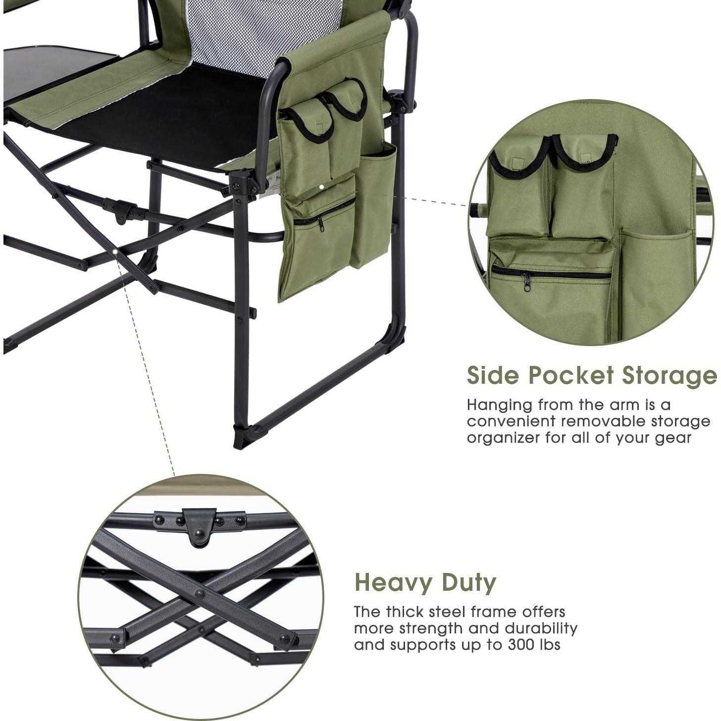 Wide Folding Director Chair with Table, Outdoor Camping Chair for Adults with Cup Holder Load 330 Lbs, Portable Lightweight Chair for Outside with Carry Bag for Patio, Green-2Pack