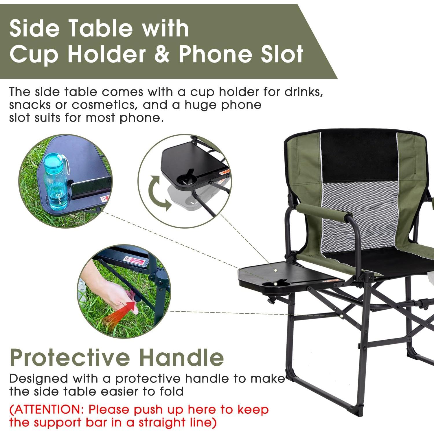 Wide Folding Director Chair with Table, Outdoor Camping Chair for Adults with Cup Holder Load 330 Lbs, Portable Lightweight Chair for Outside with Carry Bag for Patio, Green-2Pack