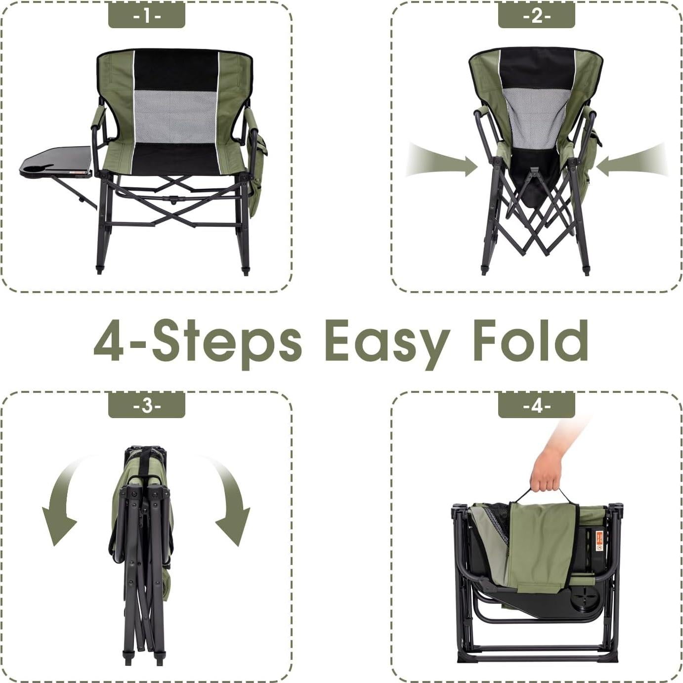 Wide Folding Director Chair with Table, Outdoor Camping Chair for Adults with Cup Holder Load 330 Lbs, Portable Lightweight Chair for Outside with Carry Bag for Patio, Green-2Pack