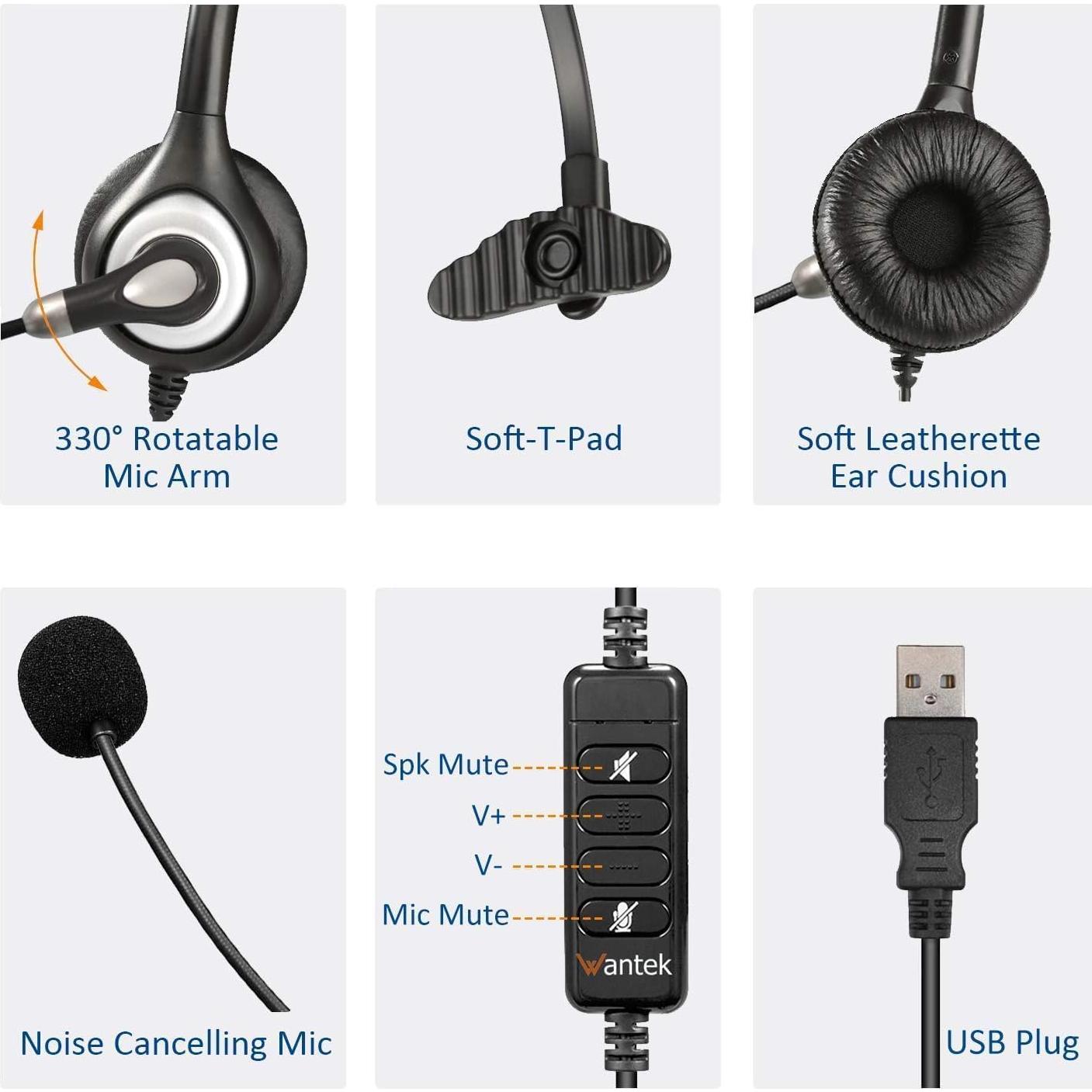 Auricular USB Wantek 602NUSB con micrófono cancelador de ruido