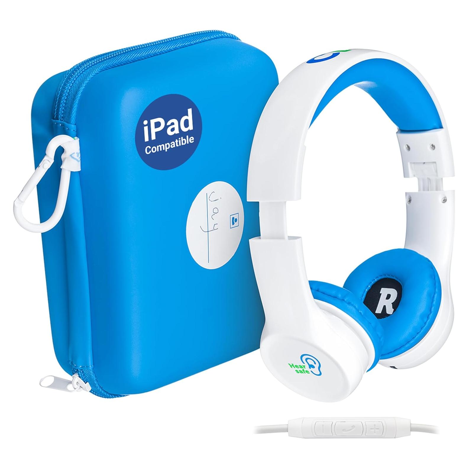 Clevy Kids Headphones Over-Ear USB-C & 3.5mm Jack Wired Headphones for iPad and Laptop - Tangle-Free Cord with HD Mic, 85dB Volume Limited, Girls-Boys Durable Carrying Case for Travel (Blue)