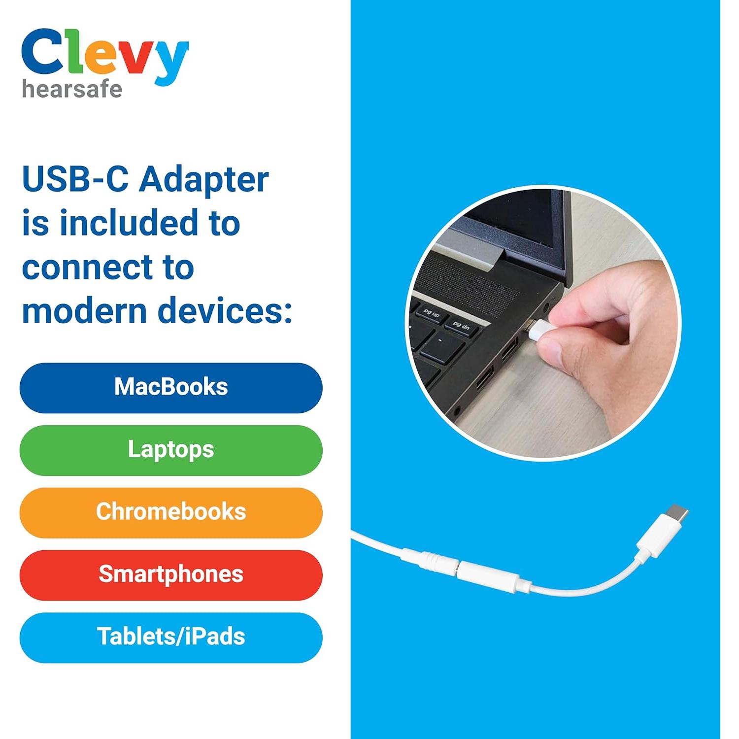 Clevy Kids Headphones Over-Ear USB-C & 3.5mm Jack Wired Headphones for iPad and Laptop - Tangle-Free Cord with HD Mic, 85dB Volume Limited, Girls-Boys Durable Carrying Case for Travel (Blue)