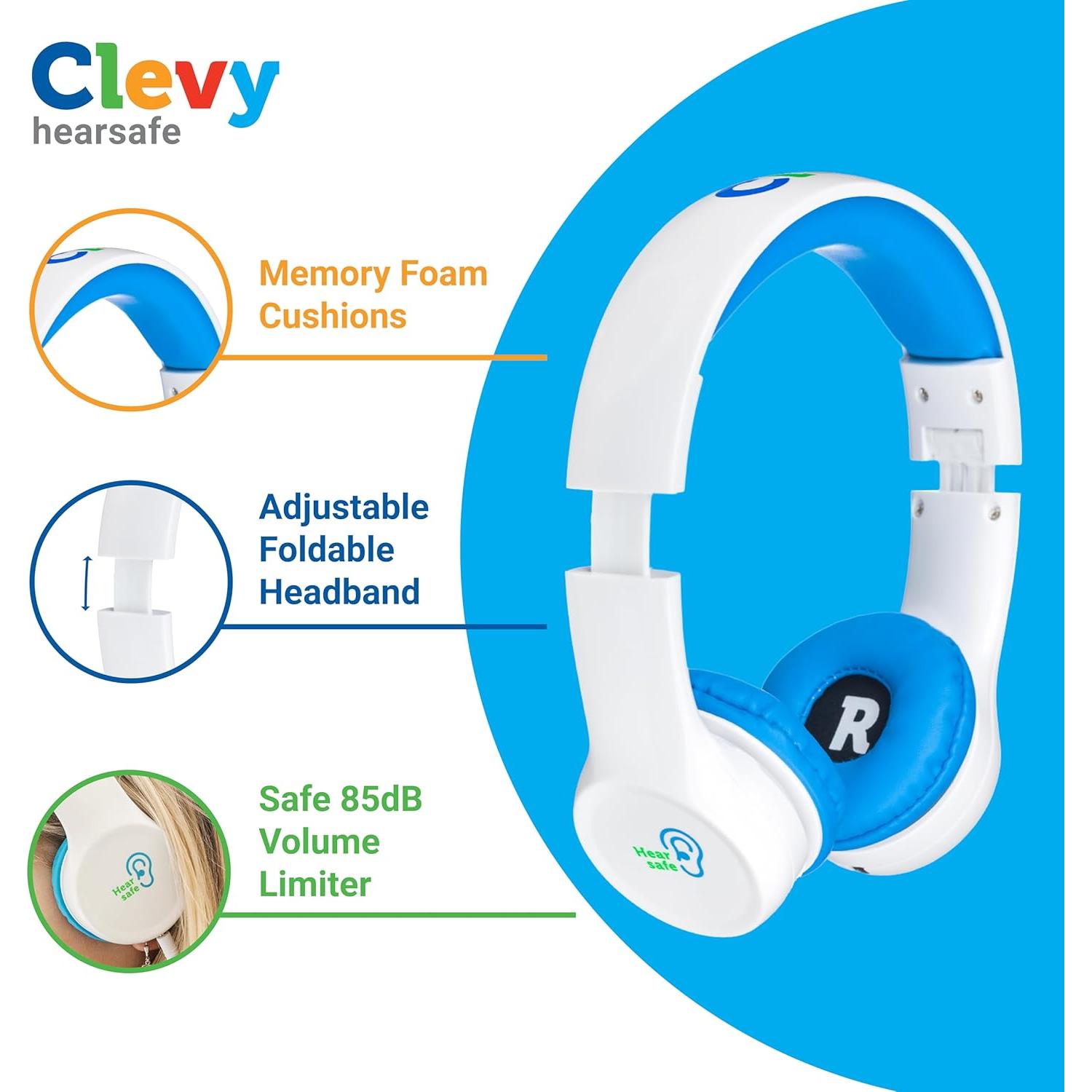 Clevy Kids Headphones Over-Ear USB-C & 3.5mm Jack Wired Headphones for iPad and Laptop - Tangle-Free Cord with HD Mic, 85dB Volume Limited, Girls-Boys Durable Carrying Case for Travel (Blue)