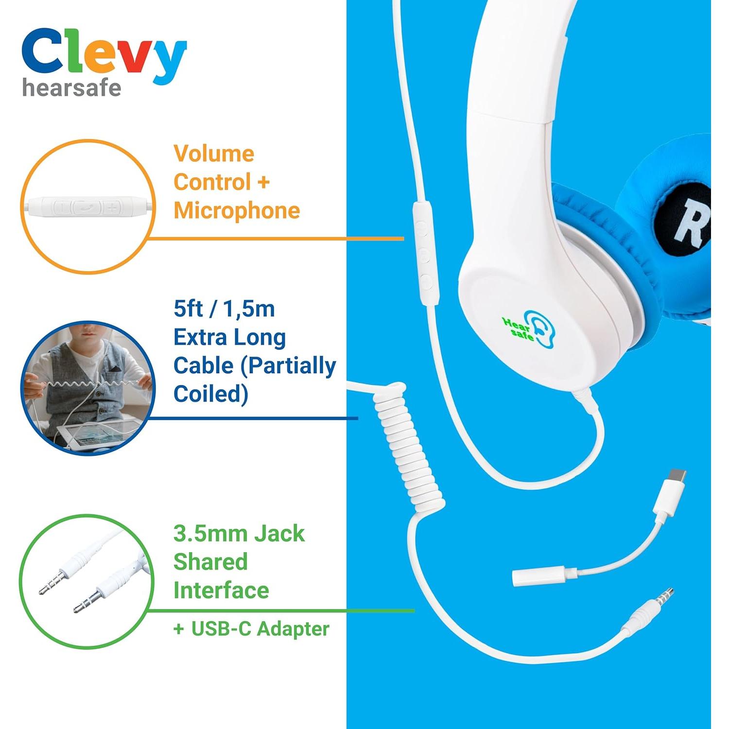 Clevy Kids Headphones Over-Ear USB-C & 3.5mm Jack Wired Headphones for iPad and Laptop - Tangle-Free Cord with HD Mic, 85dB Volume Limited, Girls-Boys Durable Carrying Case for Travel (Blue)