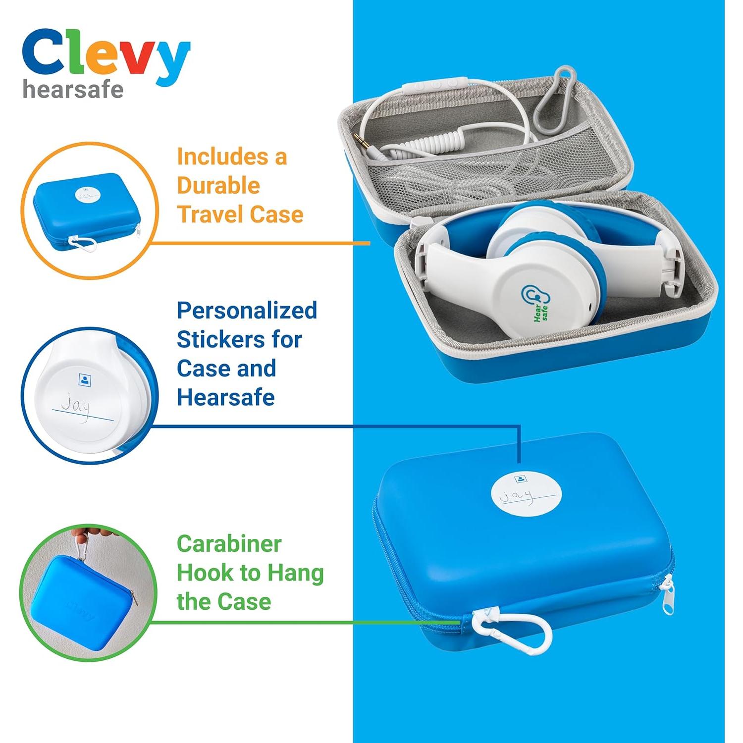 Clevy Kids Headphones Over-Ear USB-C & 3.5mm Jack Wired Headphones for iPad and Laptop - Tangle-Free Cord with HD Mic, 85dB Volume Limited, Girls-Boys Durable Carrying Case for Travel (Blue)