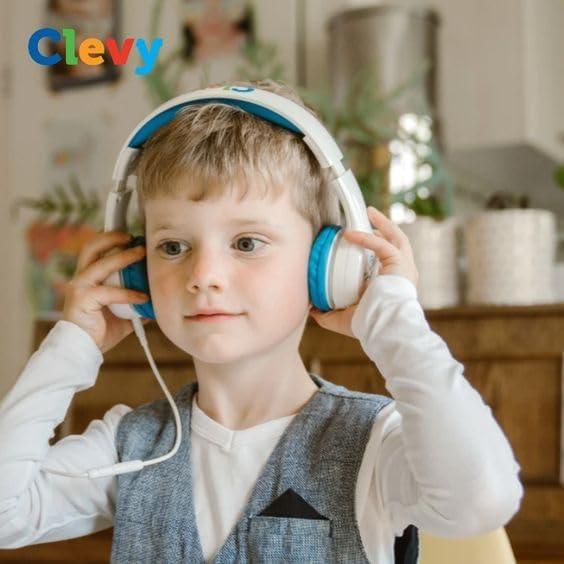 Clevy Kids Headphones Over-Ear USB-C & 3.5mm Jack Wired Headphones for iPad and Laptop - Tangle-Free Cord with HD Mic, 85dB Volume Limited, Girls-Boys Durable Carrying Case for Travel (Blue)