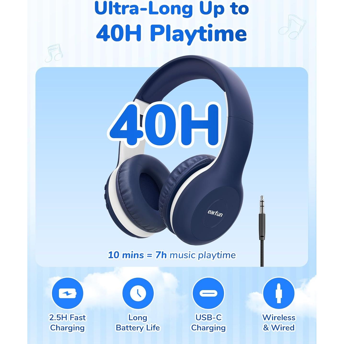Auriculares Bluetooth EarFun K2 para Niños, 40H, Azul
