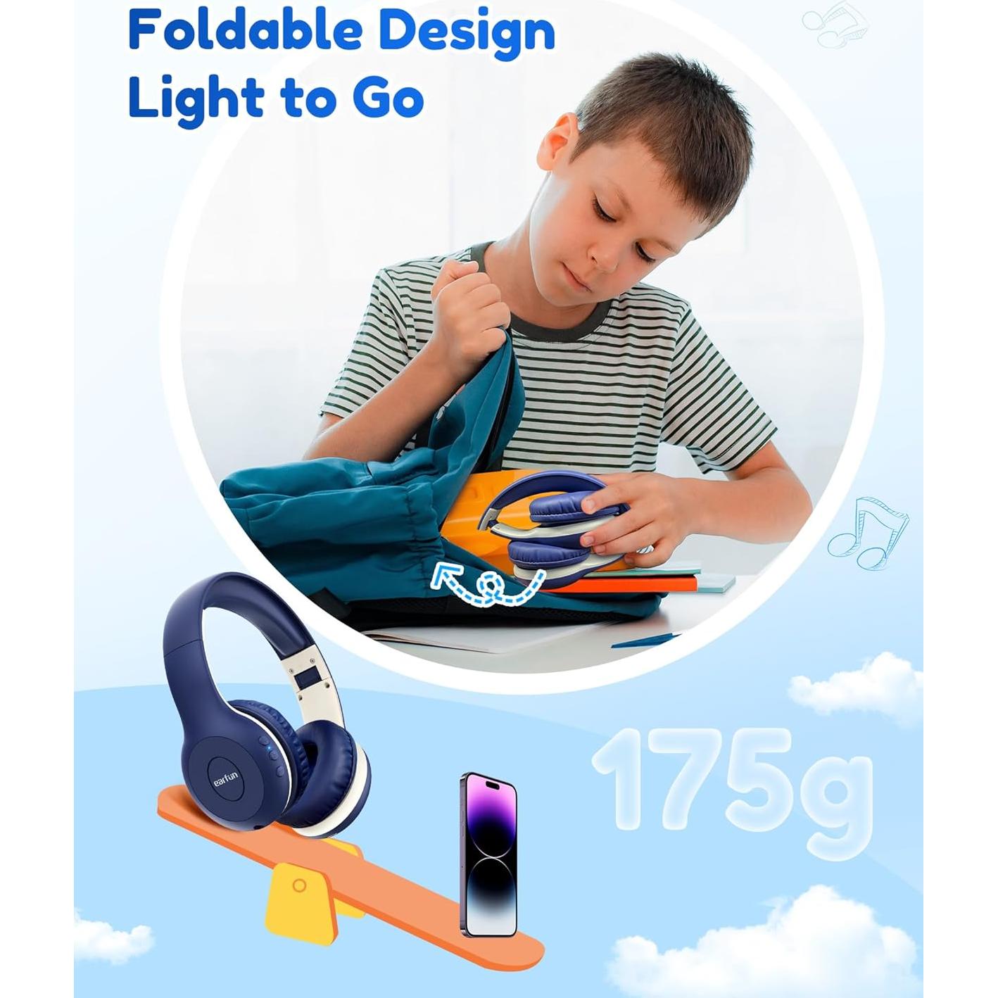 Auriculares Bluetooth EarFun K2 para Niños, 40H, Azul