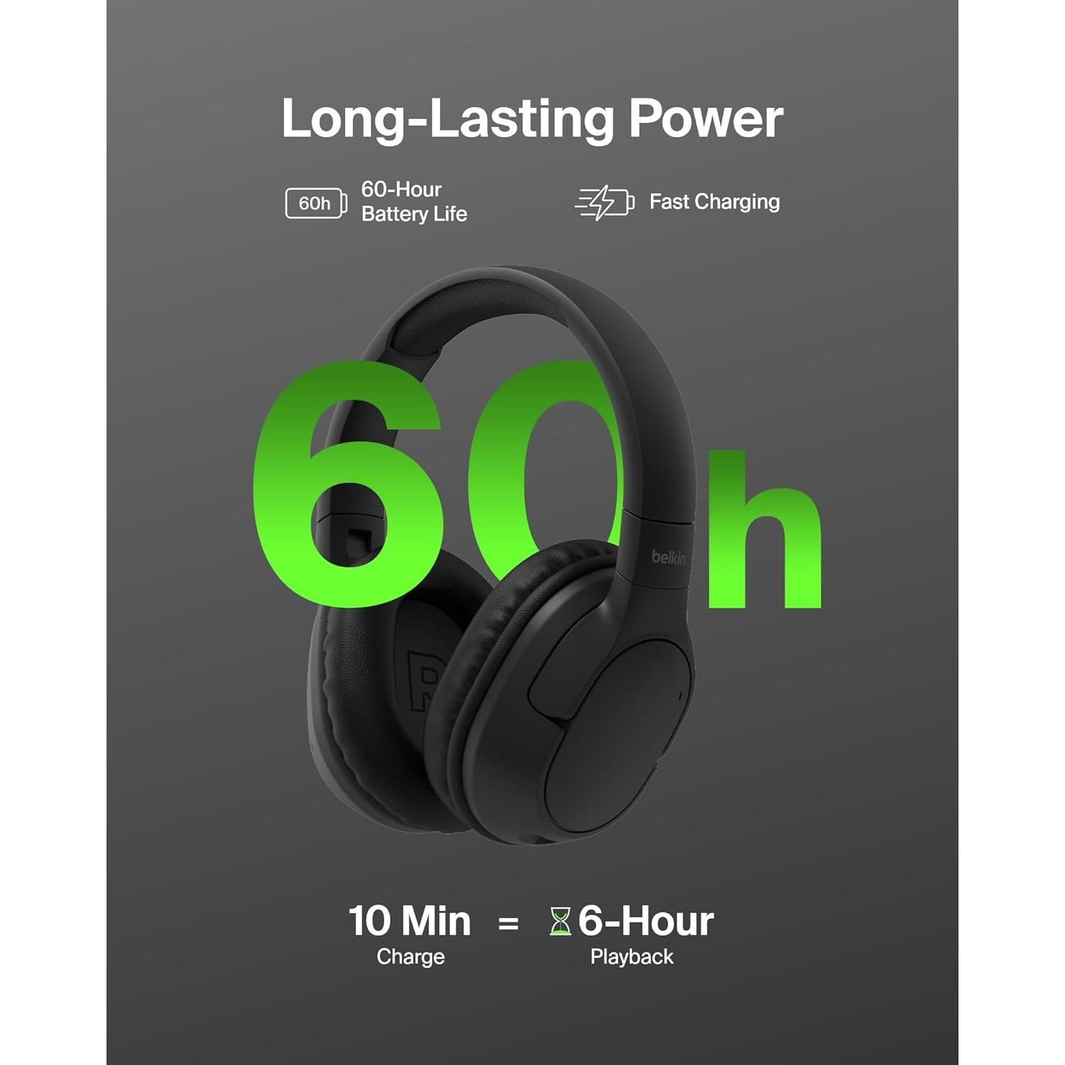 Belkin SoundForm Surround Bluetooth Over-Ear Headphones - Environmental Noise Cancelling Headphones - Wireless w/ 60H Playtime & Soft Ear Cups for iPhone, Galaxy, iPad, Travel, Home, or Office - Black