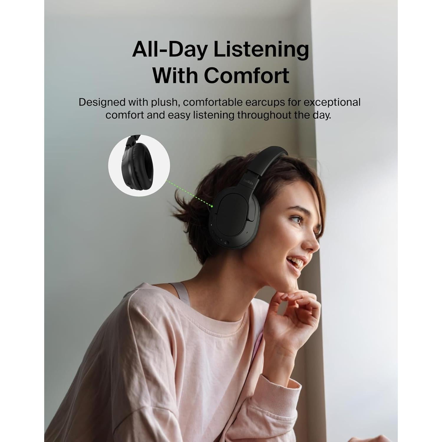 Belkin SoundForm Surround Bluetooth Over-Ear Headphones - Environmental Noise Cancelling Headphones - Wireless w/ 60H Playtime & Soft Ear Cups for iPhone, Galaxy, iPad, Travel, Home, or Office - Black