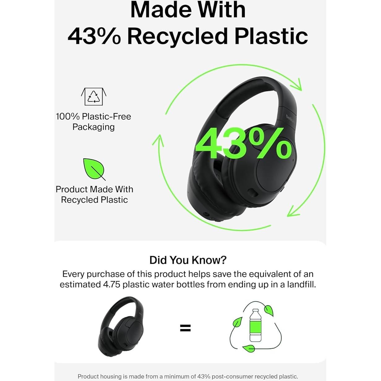 Belkin SoundForm Surround Bluetooth Over-Ear Headphones - Environmental Noise Cancelling Headphones - Wireless w/ 60H Playtime & Soft Ear Cups for iPhone, Galaxy, iPad, Travel, Home, or Office - Black