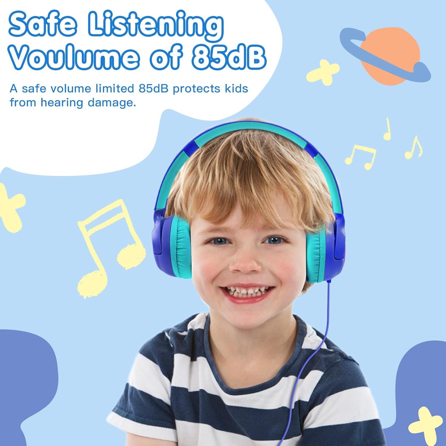 ZIHNIC Wired Kids Headphones, Safe 85dB Volume Limit for Boys & Girls, Comfortable Earpads, Foldable Design for School, Tablets, and Travel-Blue