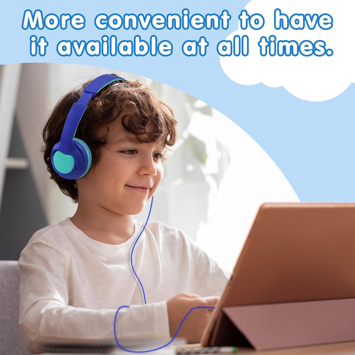 ZIHNIC Wired Kids Headphones, Safe 85dB Volume Limit for Boys & Girls, Comfortable Earpads, Foldable Design for School, Tablets, and Travel-Blue