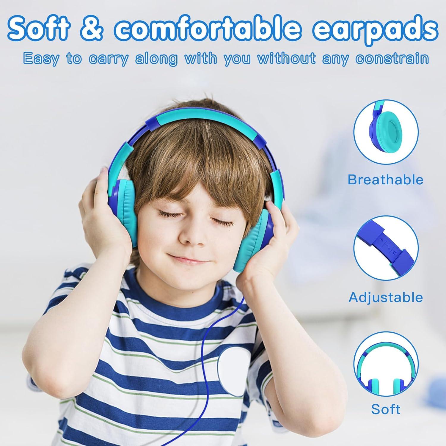 ZIHNIC Wired Kids Headphones, Safe 85dB Volume Limit for Boys & Girls, Comfortable Earpads, Foldable Design for School, Tablets, and Travel-Blue