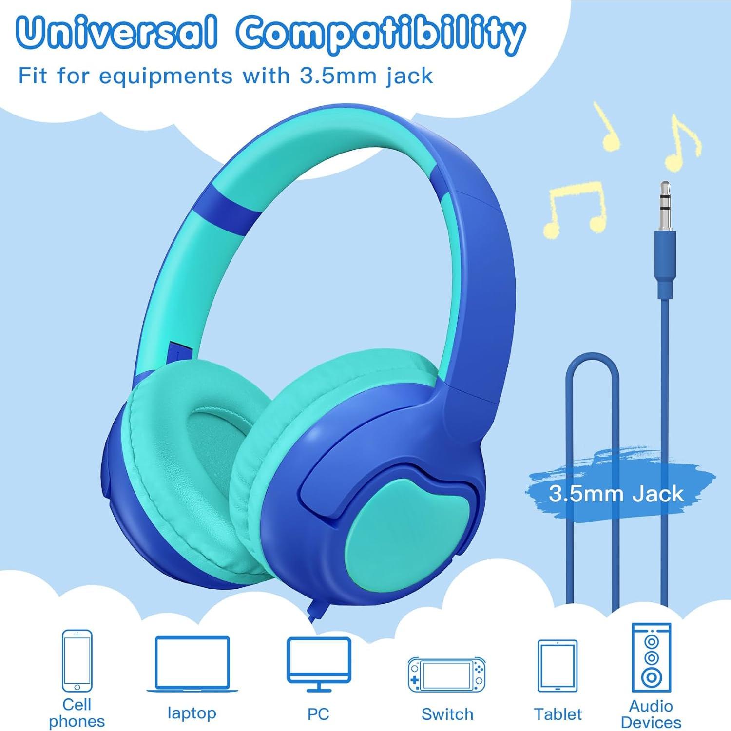 ZIHNIC Wired Kids Headphones, Safe 85dB Volume Limit for Boys & Girls, Comfortable Earpads, Foldable Design for School, Tablets, and Travel-Blue