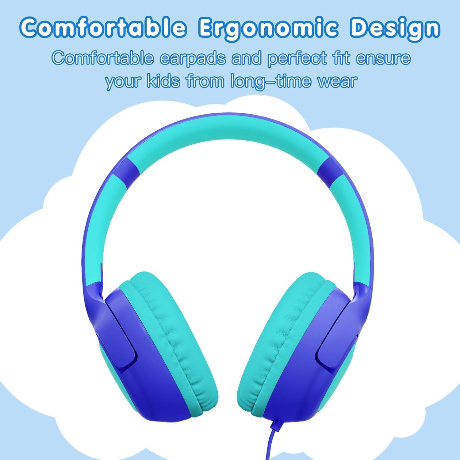 ZIHNIC Wired Kids Headphones, Safe 85dB Volume Limit for Boys & Girls, Comfortable Earpads, Foldable Design for School, Tablets, and Travel-Blue