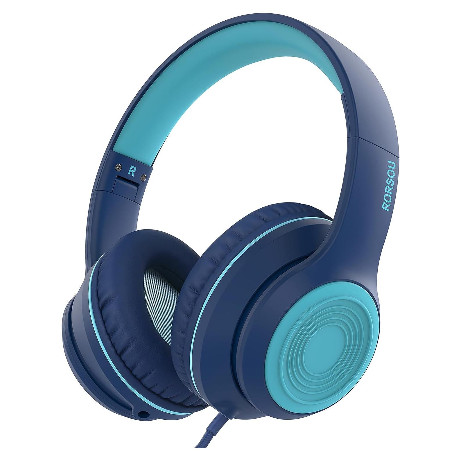 RORSOU K9 Kids Headphones with Microphone, Folding Stereo Bass Headset with 1.5M No-Tangle Cord for Children/Teens/School/Adults, Portable Wired Headphones for Smartphone Tablet Computer MP3/4 (Blue)