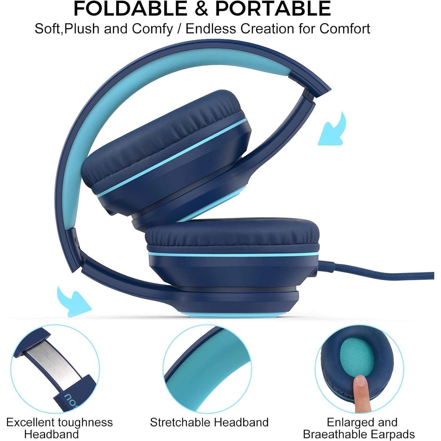 RORSOU K9 Kids Headphones with Microphone, Folding Stereo Bass Headset with 1.5M No-Tangle Cord for Children/Teens/School/Adults, Portable Wired Headphones for Smartphone Tablet Computer MP3/4 (Blue)