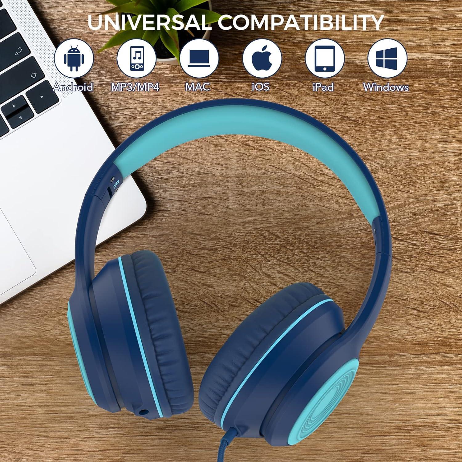 RORSOU K9 Kids Headphones with Microphone, Folding Stereo Bass Headset with 1.5M No-Tangle Cord for Children/Teens/School/Adults, Portable Wired Headphones for Smartphone Tablet Computer MP3/4 (Blue)