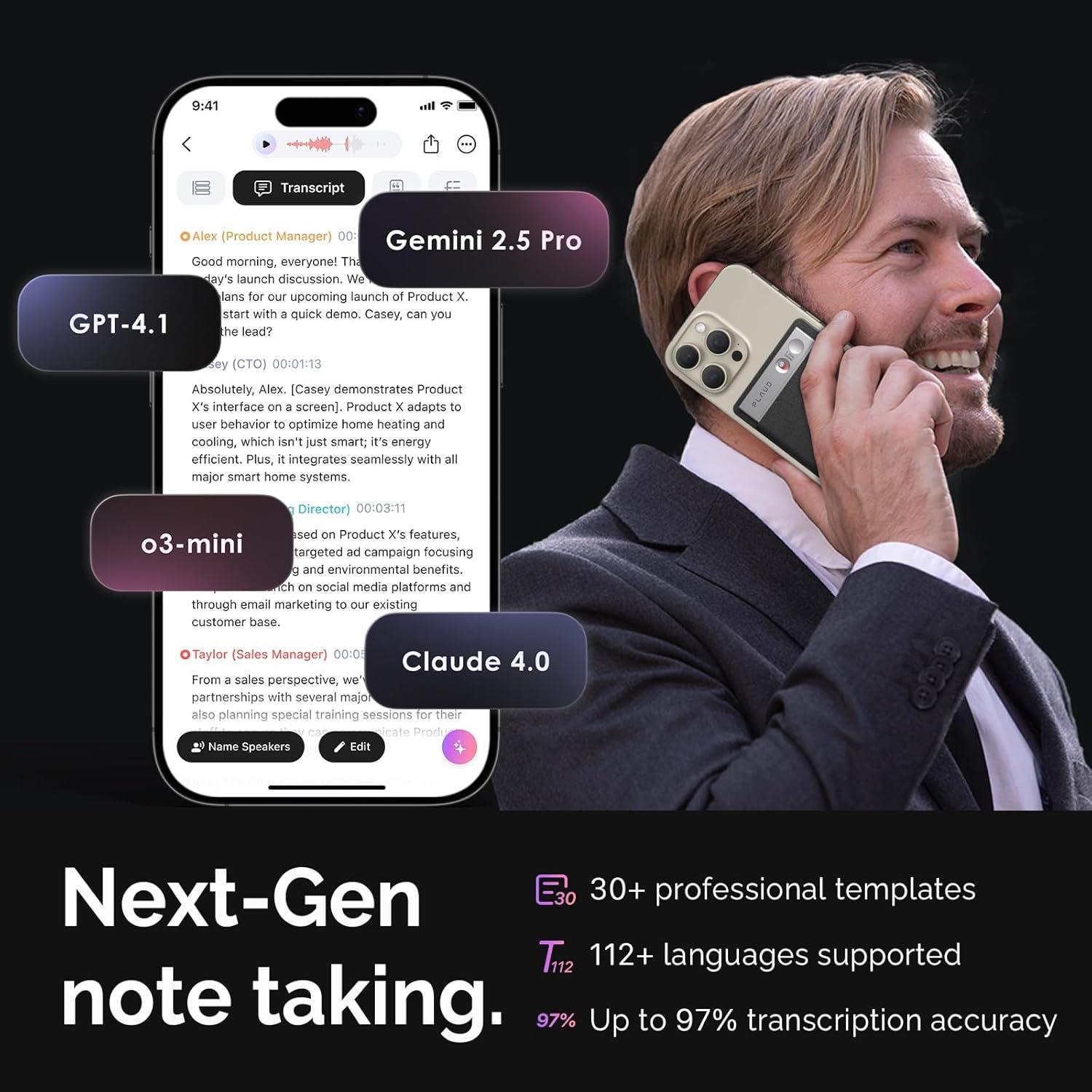 AI Voice Recorder, PLAUD Note Voice Recorder w/Case, App Control, Transcribe & Summarize with AI Technology, Support 112 Languages, 64GB Memory, Audio Recorder for Lectures, Meetings, Calls, Silver