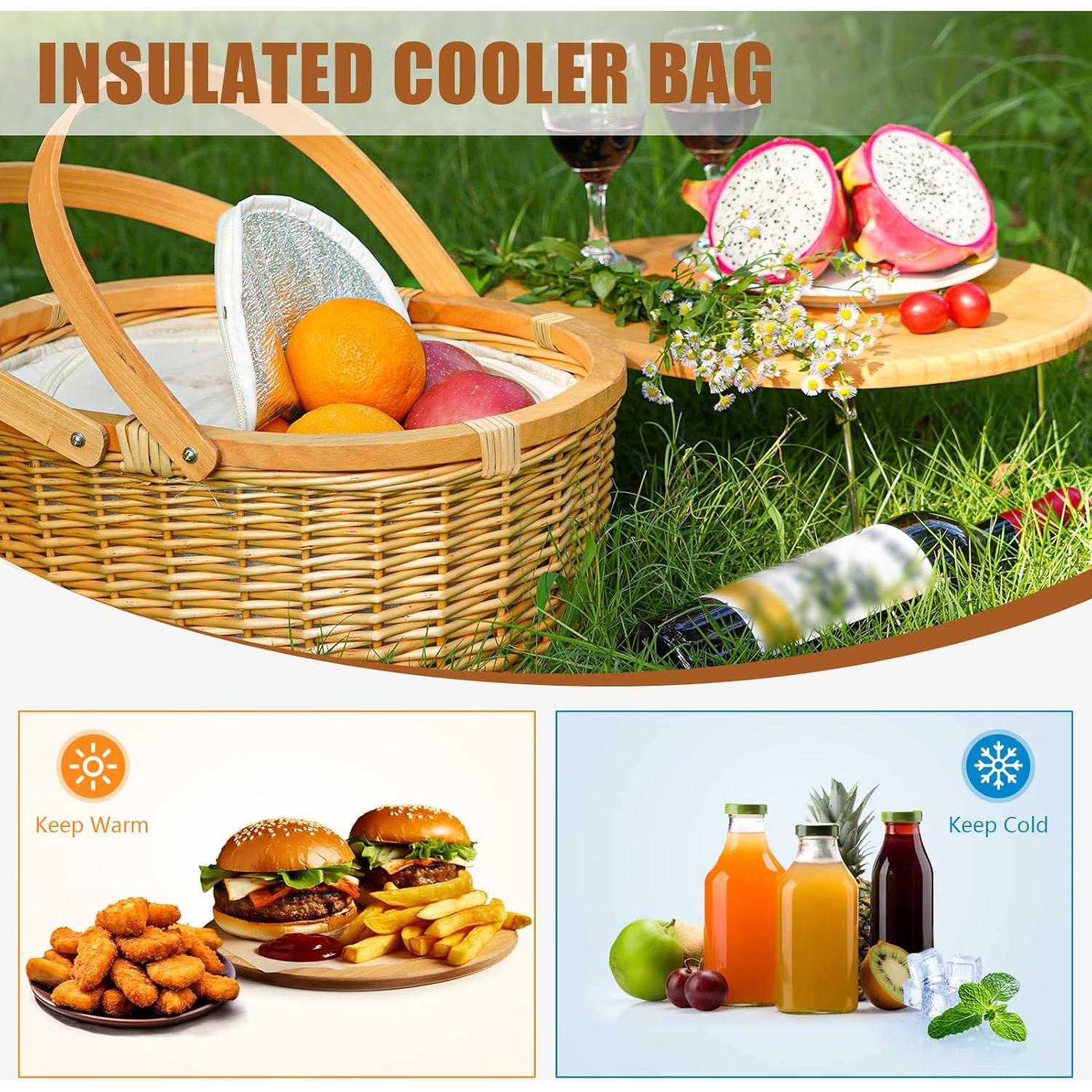 Cesta de Picnic de Mimbre WICKERLAND con Mesa y Enfriador