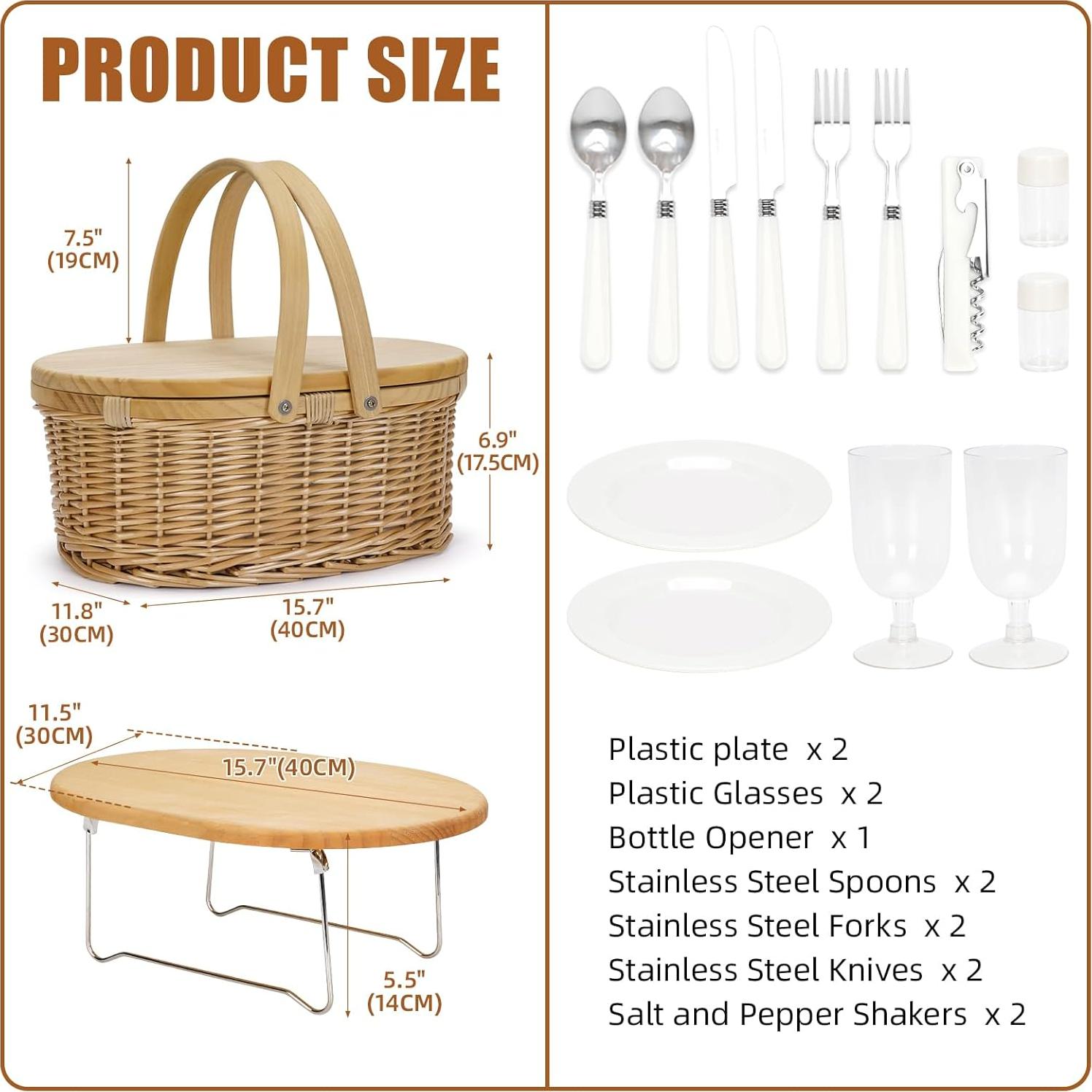 Cesta de Picnic de Mimbre WICKERLAND con Mesa y Enfriador