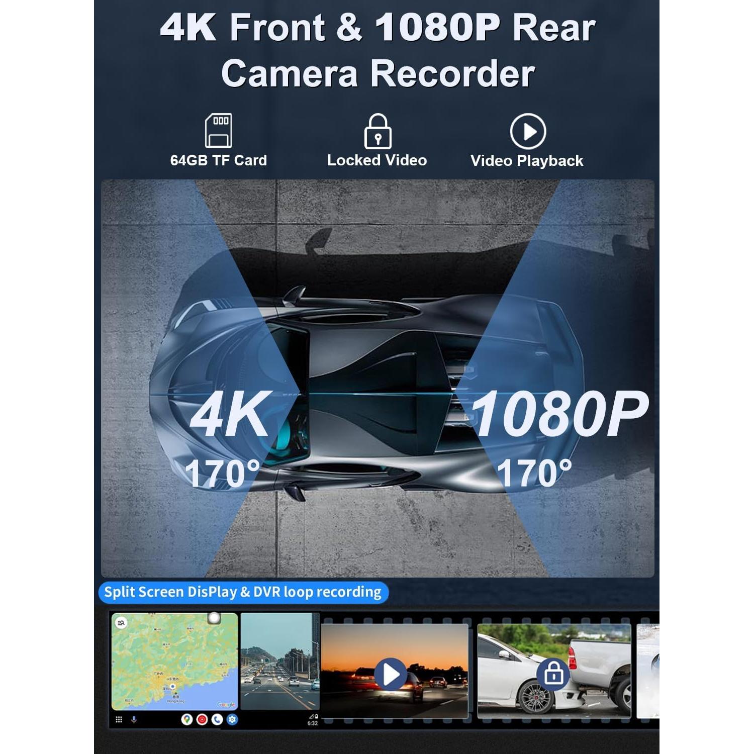 Pantalla Inalámbrica Portátil 10.26" CarPlay 4K con Cámaras