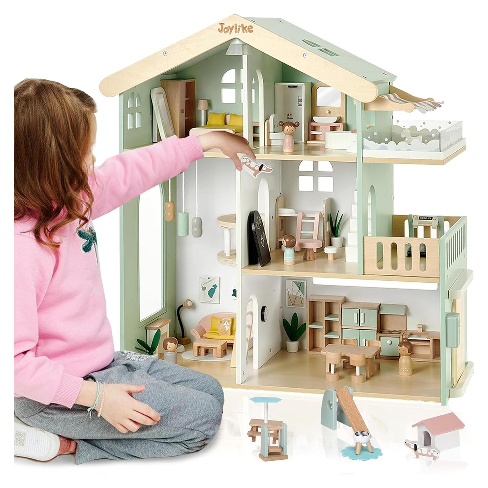 Casa de Muñecas de Madera Joylike con 53 Accesorios 52x18.5x70.5cm