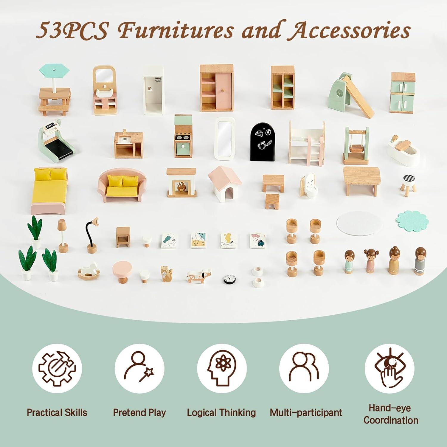 Casa de Muñecas de Madera Joylike con 53 Accesorios 52x18.5x70.5cm