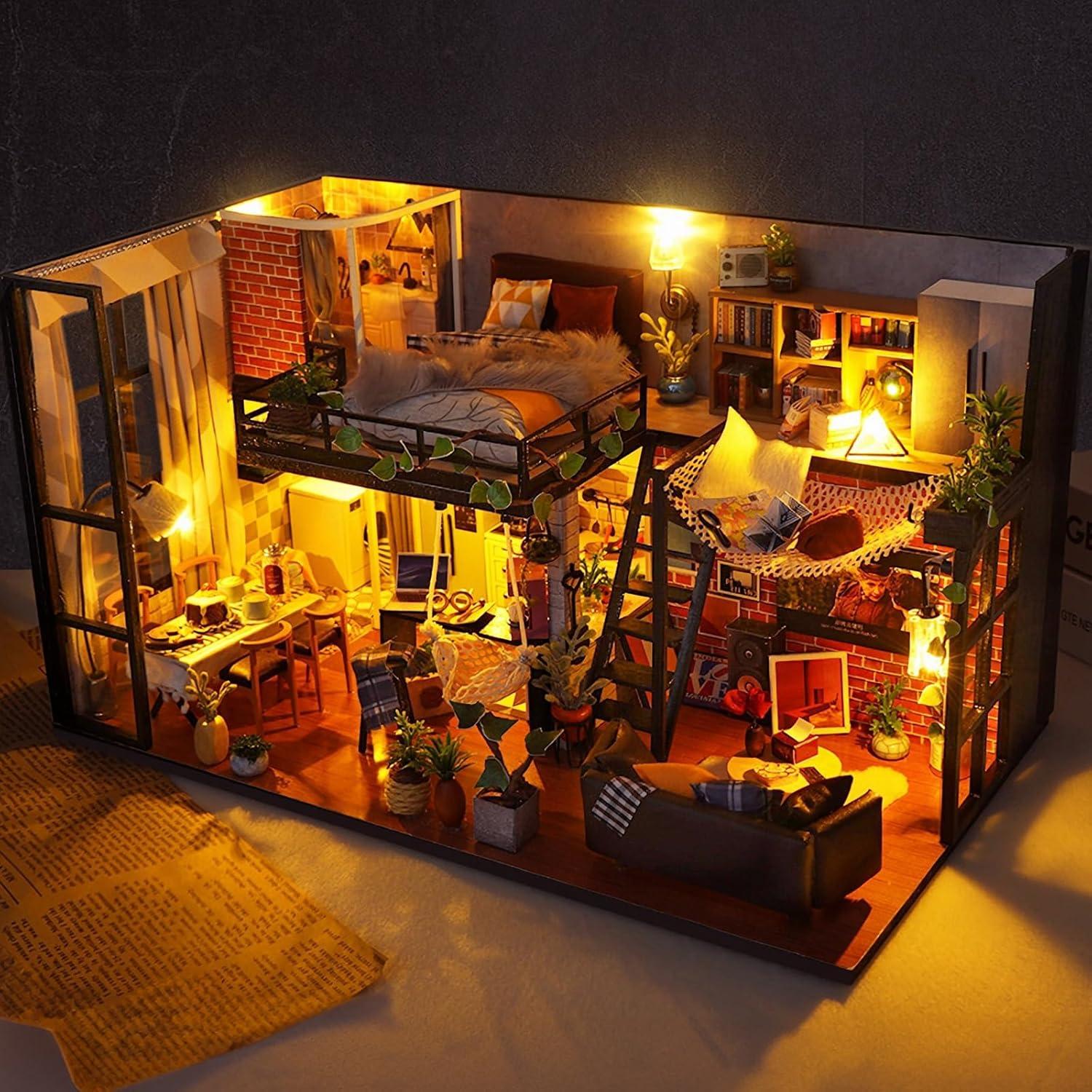 Kit Casa Miniatura DIY Pinyue Loft 1:24 con Muebles