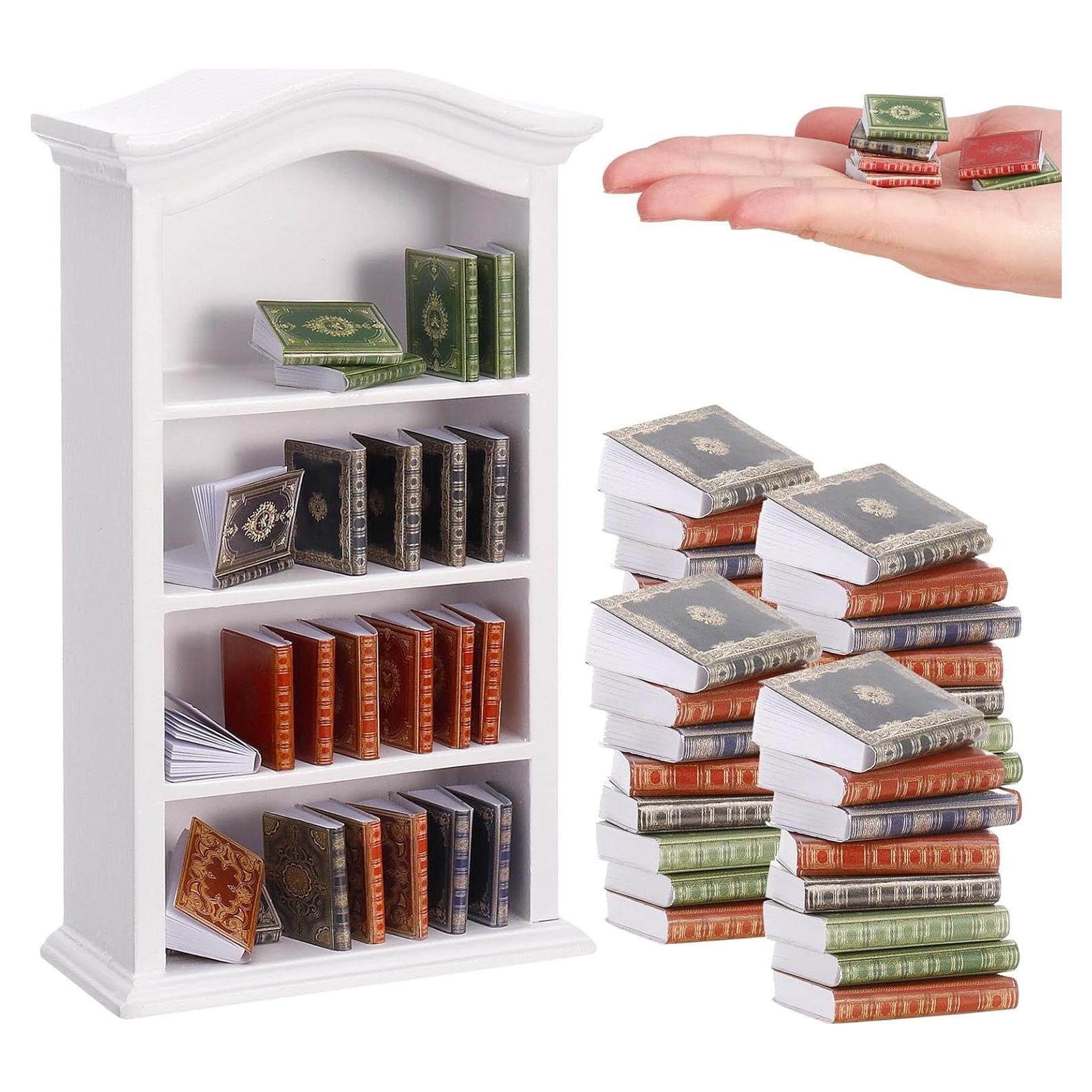 36 Mini Libros y Estantería de Madera para Casa de Muñecas