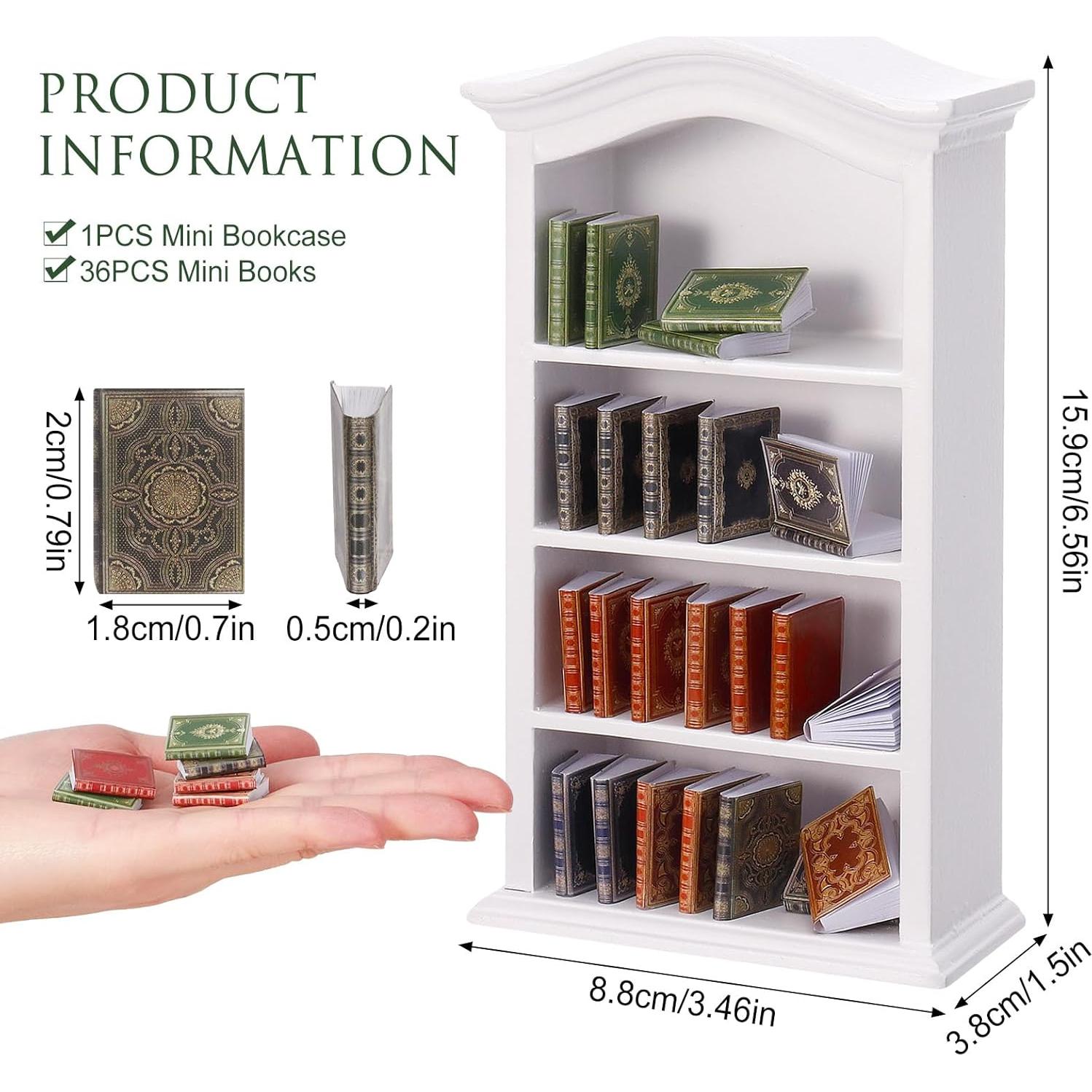 36 Mini Libros y Estantería de Madera para Casa de Muñecas