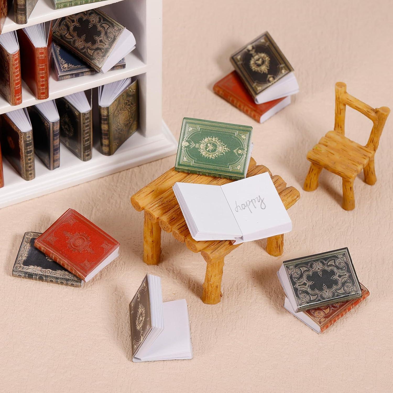 36 Mini Libros y Estantería de Madera para Casa de Muñecas