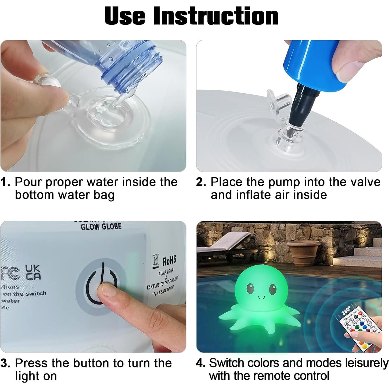 Luces Flotantes Solares Qoolife Pulpo Inflables 38cm Control Remoto