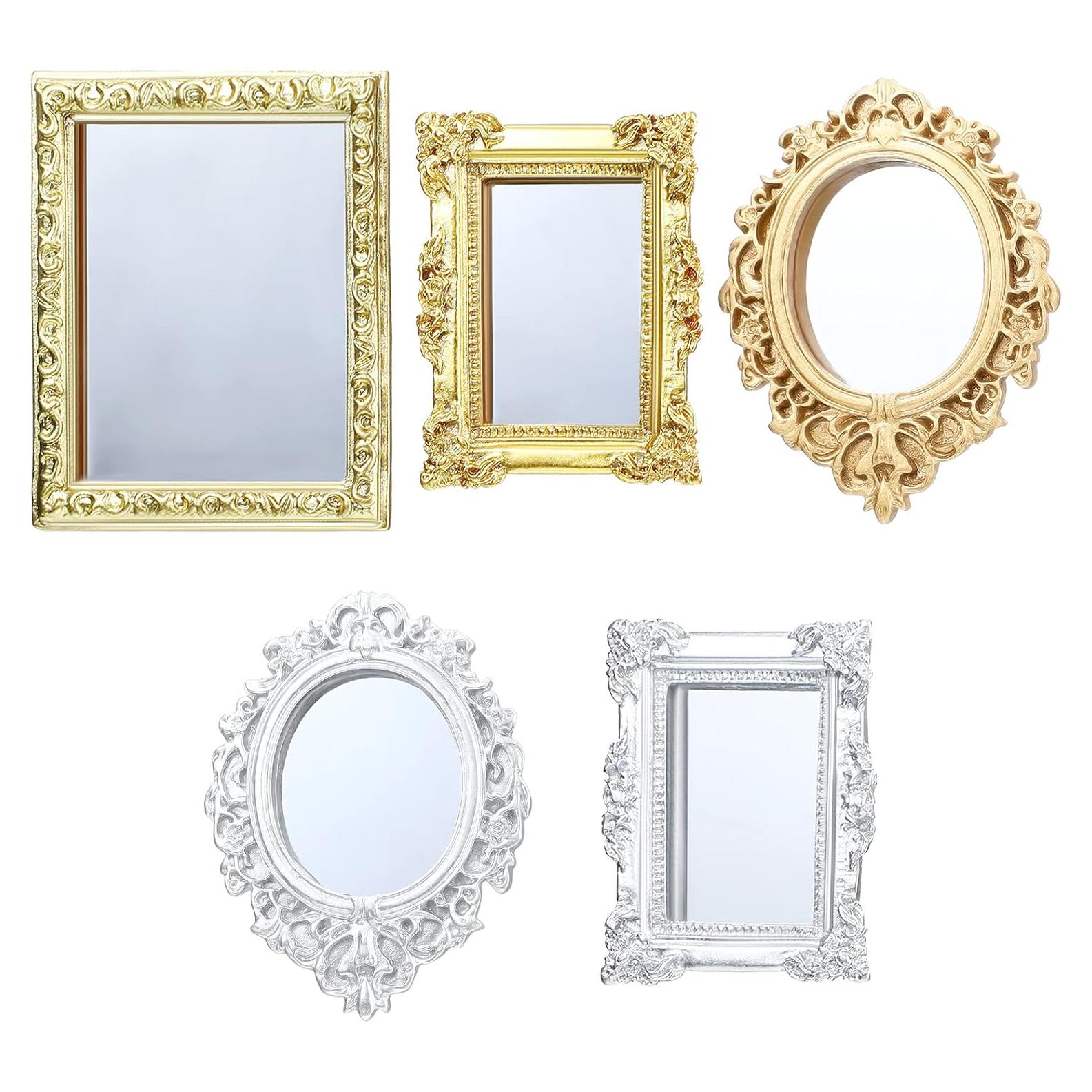 5 Espejos Miniatura Casa de Muñecas Skylety Dorado Plateado