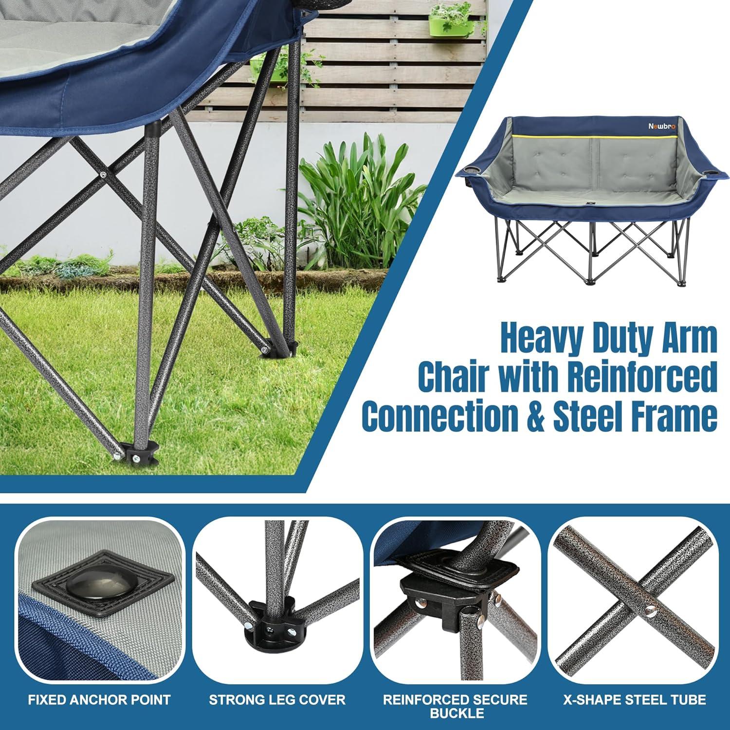 Silla de Camping Doble Newbro Plegable Acolchada Azul Marino