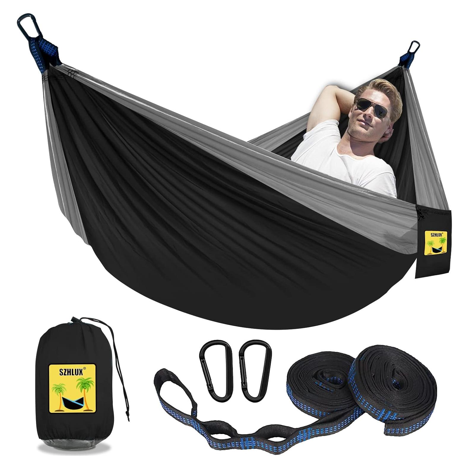 Hamaca Doble de Camping SZHLUX 500LBS Negra y Gris