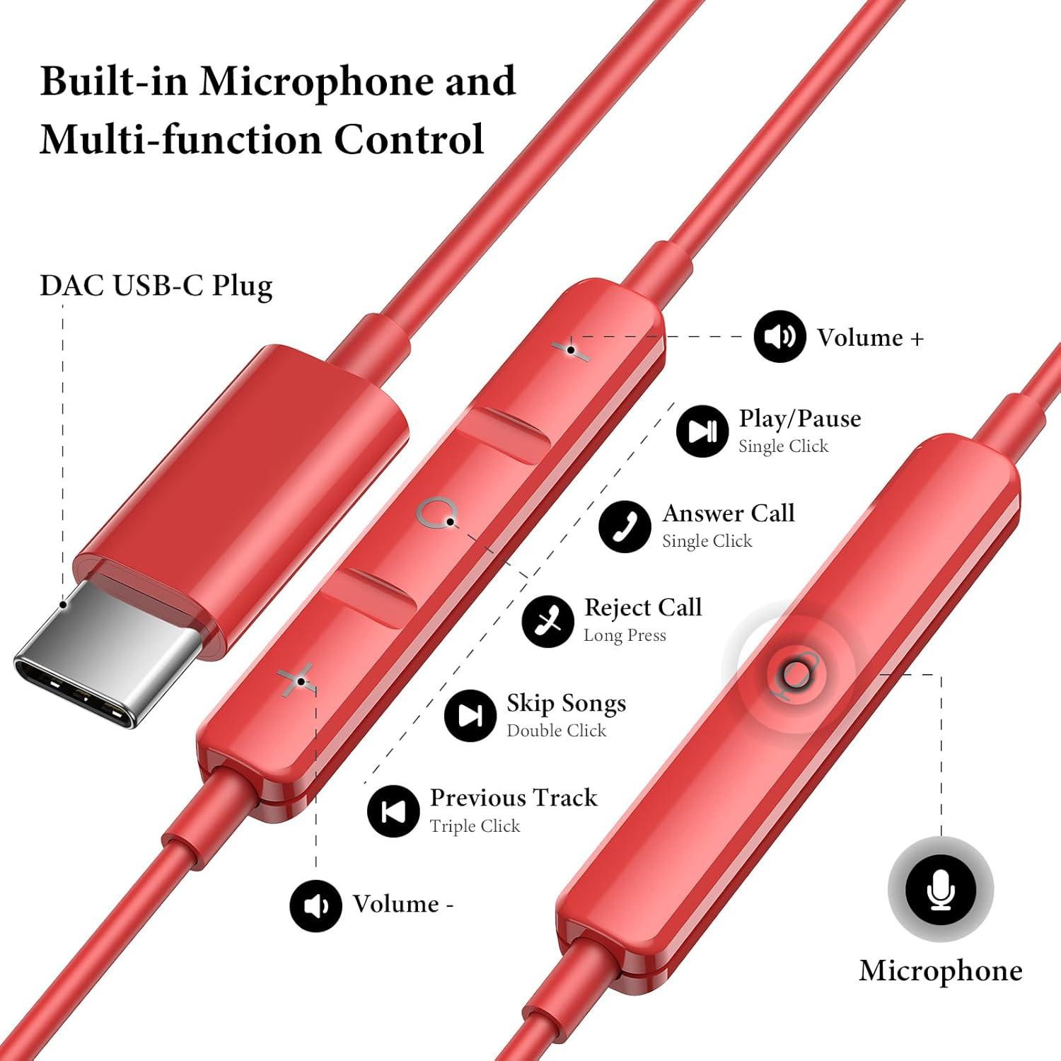 Auriculares USB C APETOO HiFi Estéreo con Micrófono Rojo