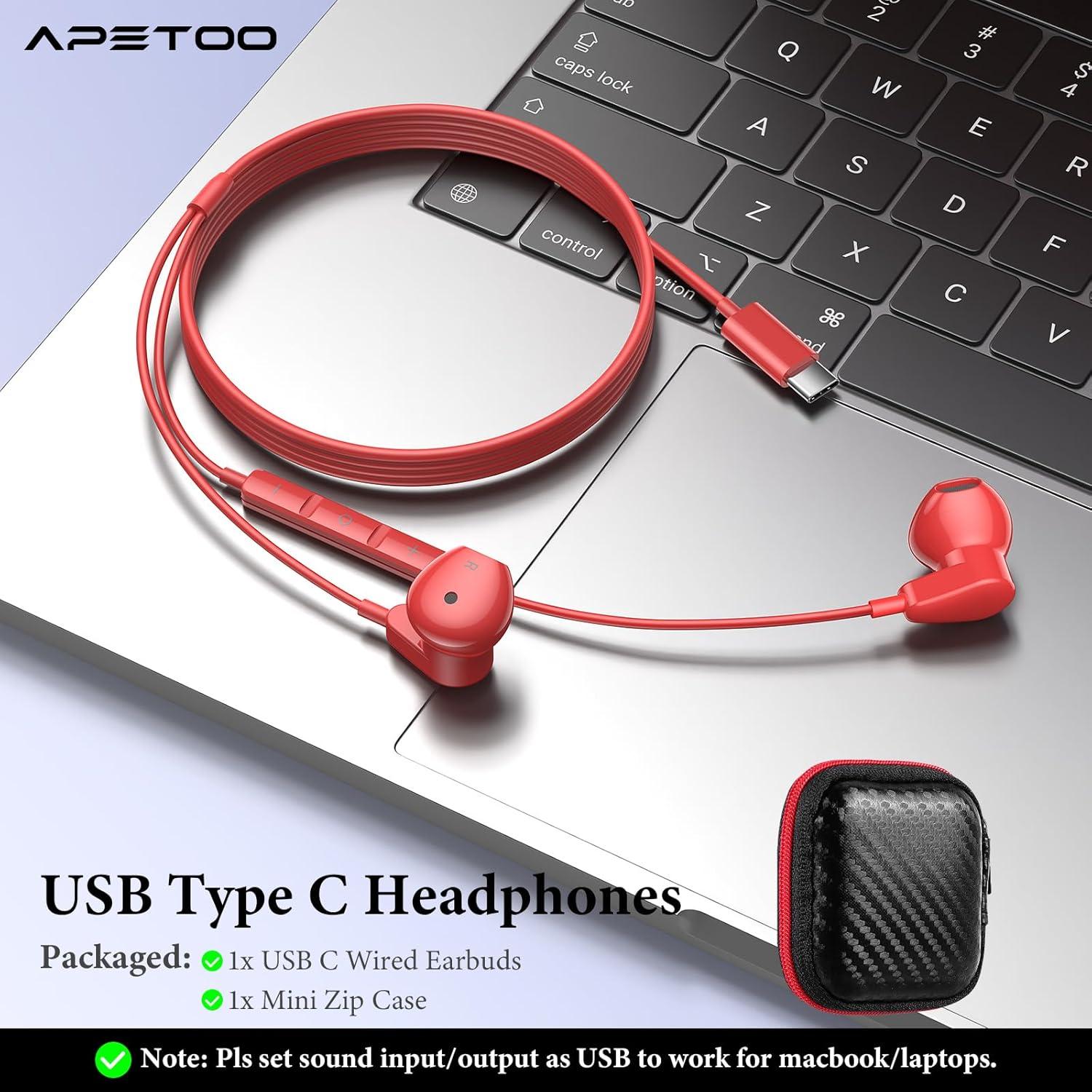 Auriculares USB C APETOO HiFi Estéreo con Micrófono Rojo