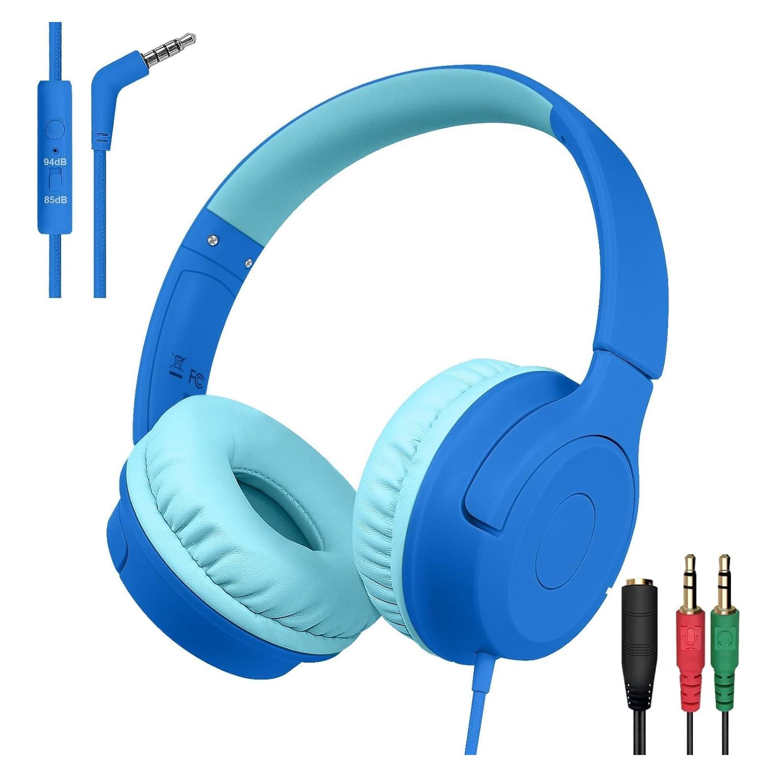 Kids Wired Headphones with Microphone, 85/94dB Safe Volume Limiter,Foldable,3.5mm Jack Over-Ear Cord Headset for Online Study/Travel, Compatible with Tablet,iPad,PC&More,Navy&Teal
