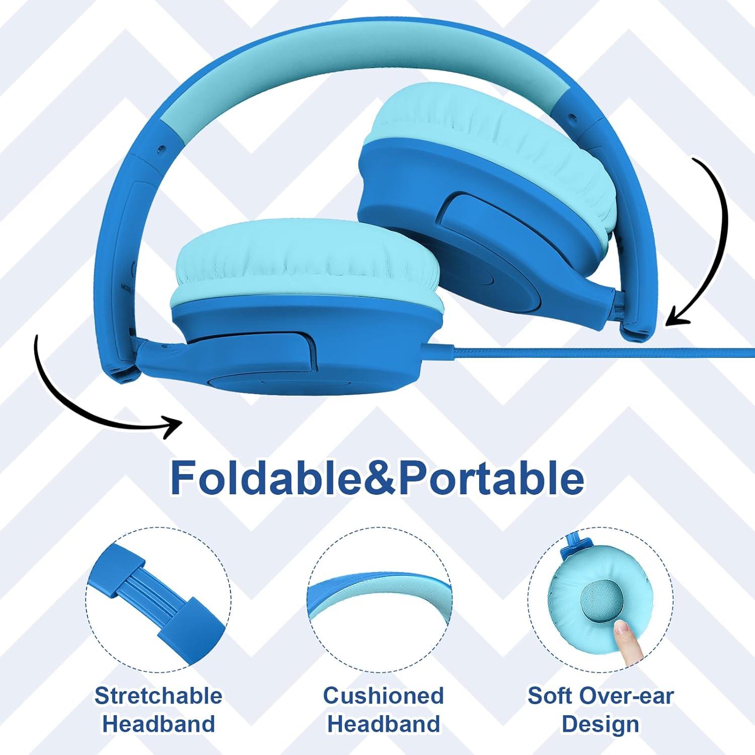 Kids Wired Headphones with Microphone, 85/94dB Safe Volume Limiter,Foldable,3.5mm Jack Over-Ear Cord Headset for Online Study/Travel, Compatible with Tablet,iPad,PC&More,Navy&Teal