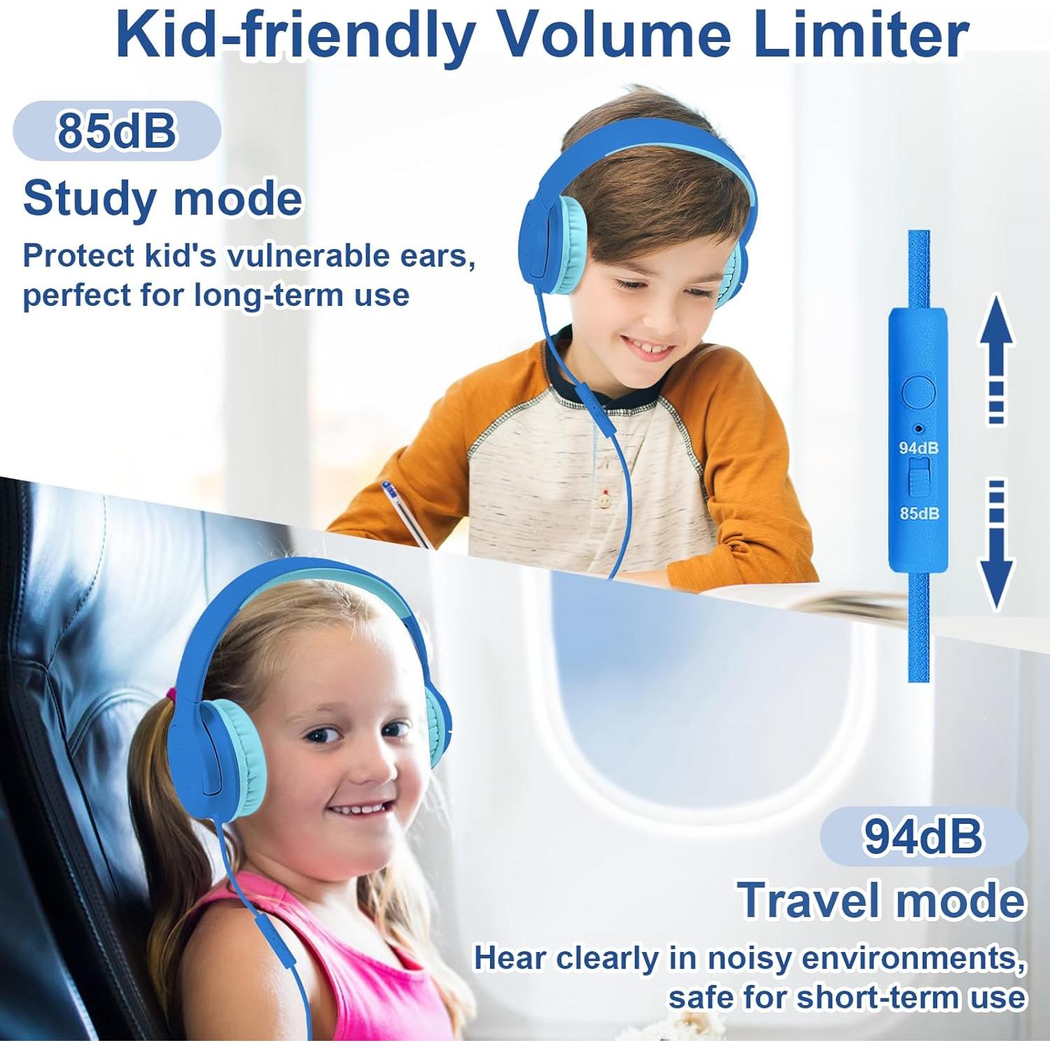 Kids Wired Headphones with Microphone, 85/94dB Safe Volume Limiter,Foldable,3.5mm Jack Over-Ear Cord Headset for Online Study/Travel, Compatible with Tablet,iPad,PC&More,Navy&Teal