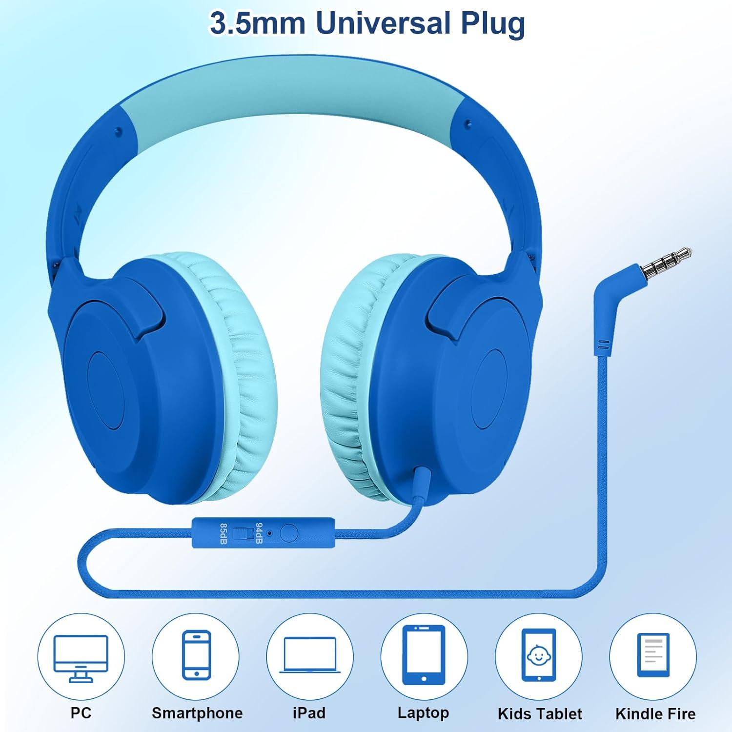 Kids Wired Headphones with Microphone, 85/94dB Safe Volume Limiter,Foldable,3.5mm Jack Over-Ear Cord Headset for Online Study/Travel, Compatible with Tablet,iPad,PC&More,Navy&Teal