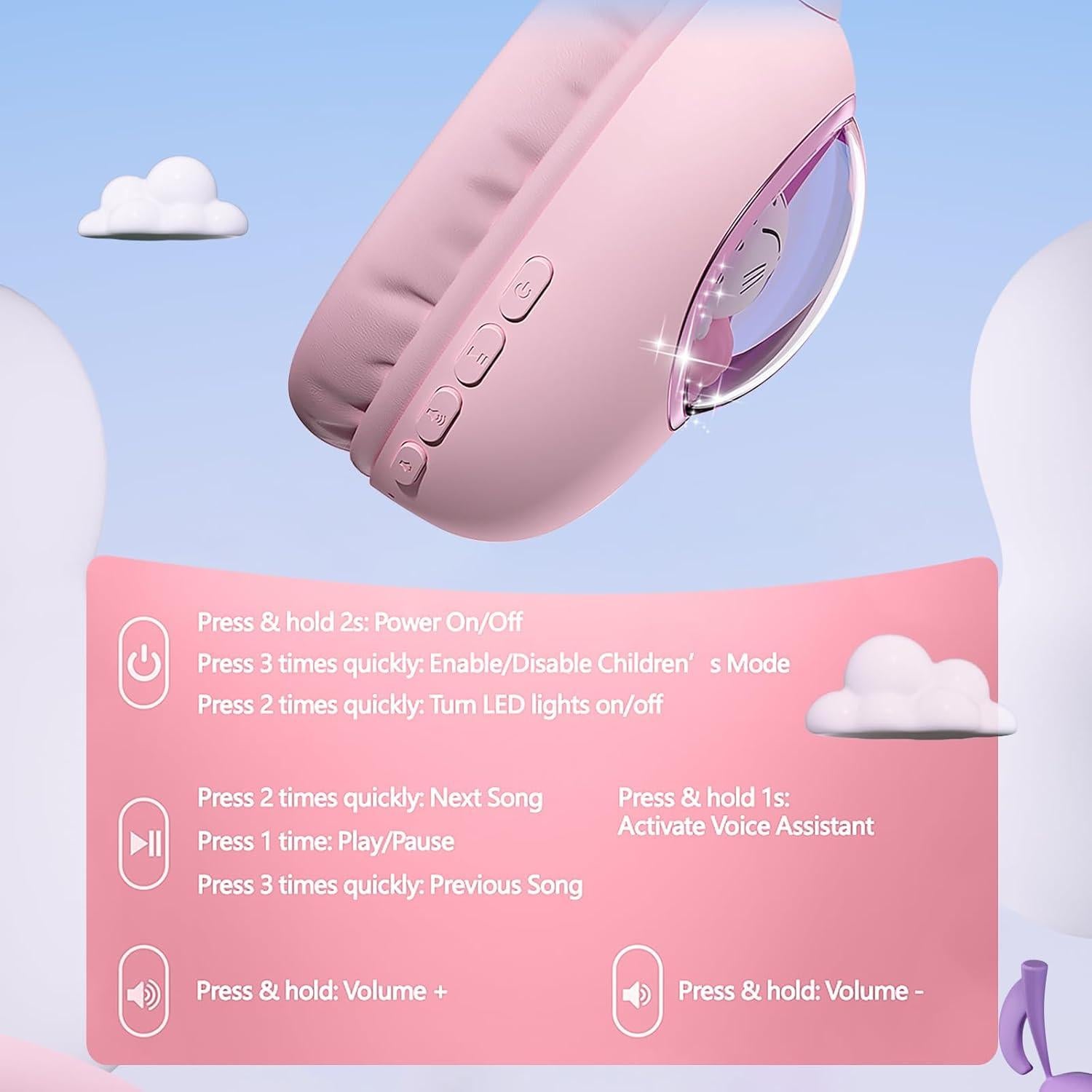 Auriculares Inalámbricos para Niños Esonstyle S21 Rosa - Bluetooth 5.4, Cancelación de Ruido, Volumen Seguro 85dB